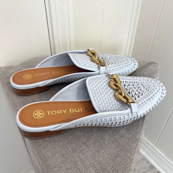 Tory Burch $348 Jessa Light Blue Woven‎ Leather Backless Loafers Women's 7.5M - Picture 6 of 10